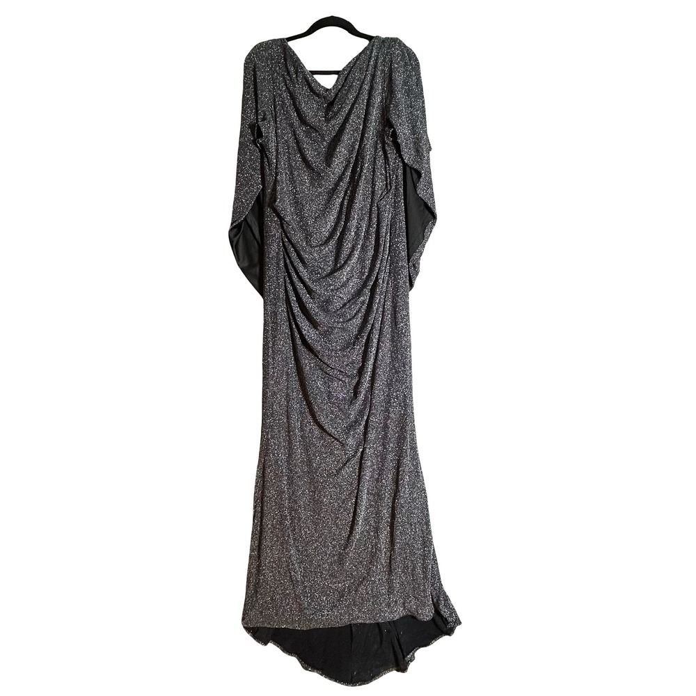 Betsy & Adam Womens 20W Silver Black Metallic Draped Back Cowl Neck Gown